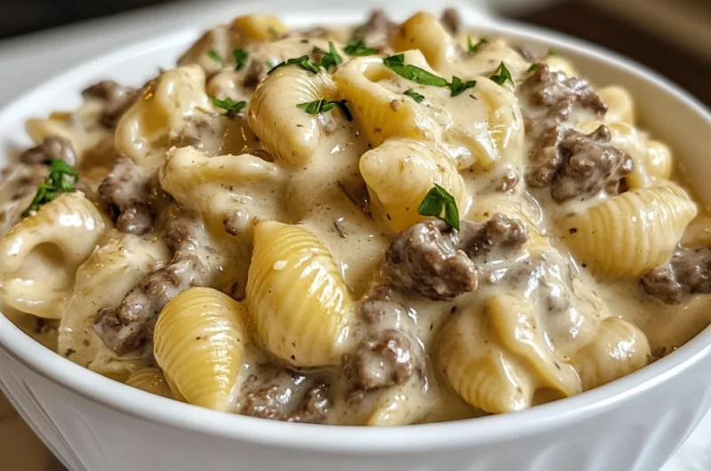 Creamy Beef and Shells Recipe Card