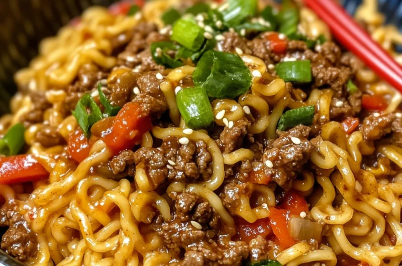 One Pot Ground Mongolian Beef Ramen Noodles Recipe Card